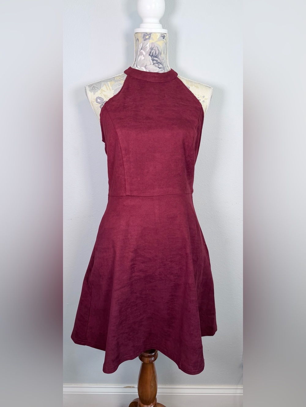 ALTAR’D STATE Burgundy Faux Suede Halter Skater Dress Juniors Medium NWT
